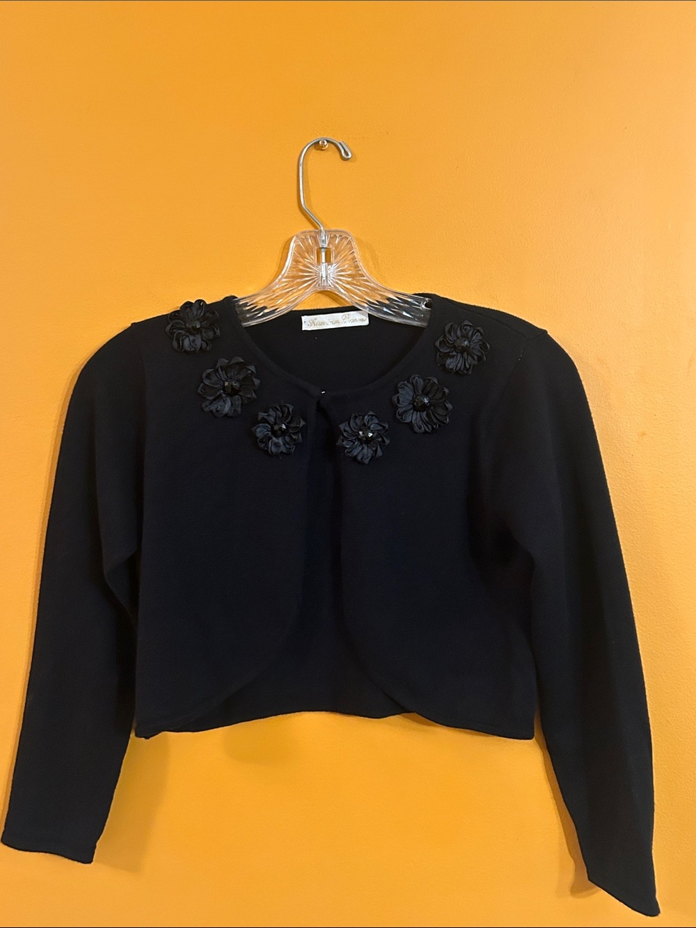 Black Floral Appliqué Cropped Girl’s Sweater